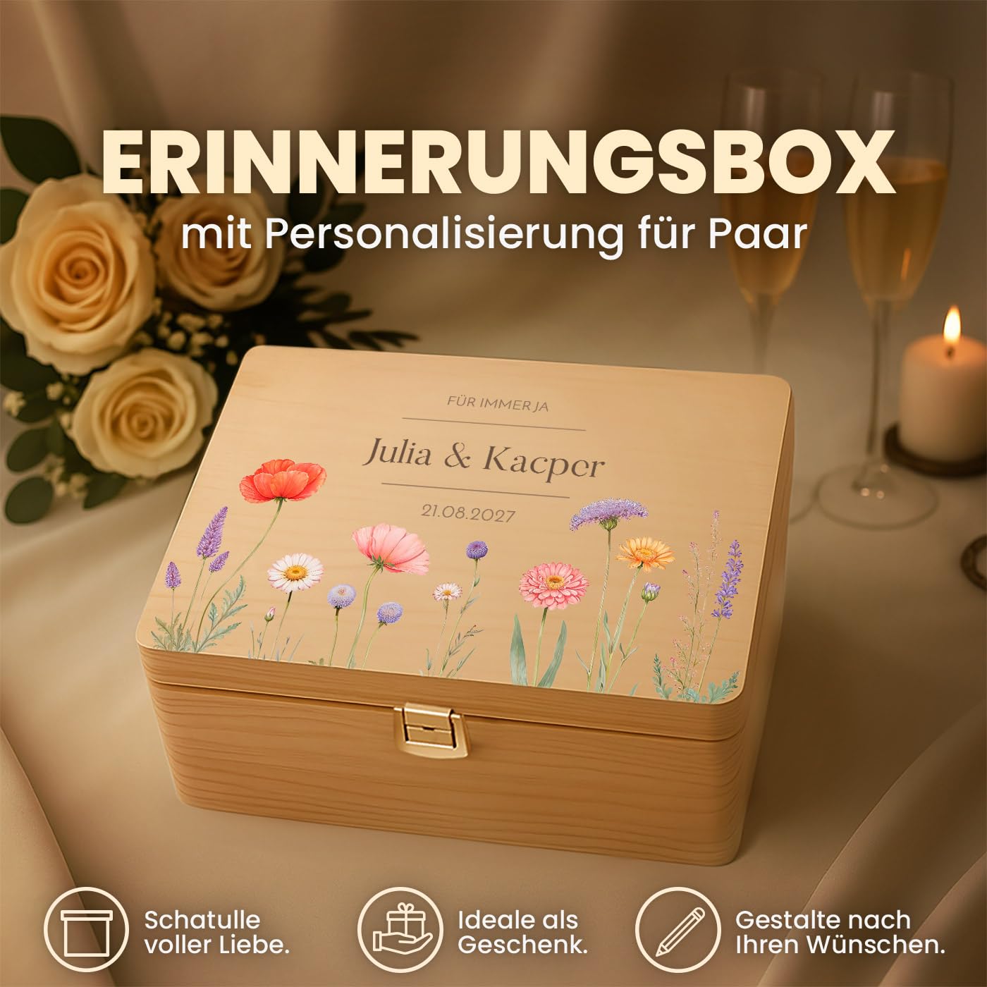 Maverton Erinnerungsbox mit Farbdruck - Aufbewahrungsbox mit Deckel - personalisierte Geschenke für Paar zur Hochzeit - Weihnachtsgeschenke - Hochzeitsgeschenke - aus Kiefernholz
