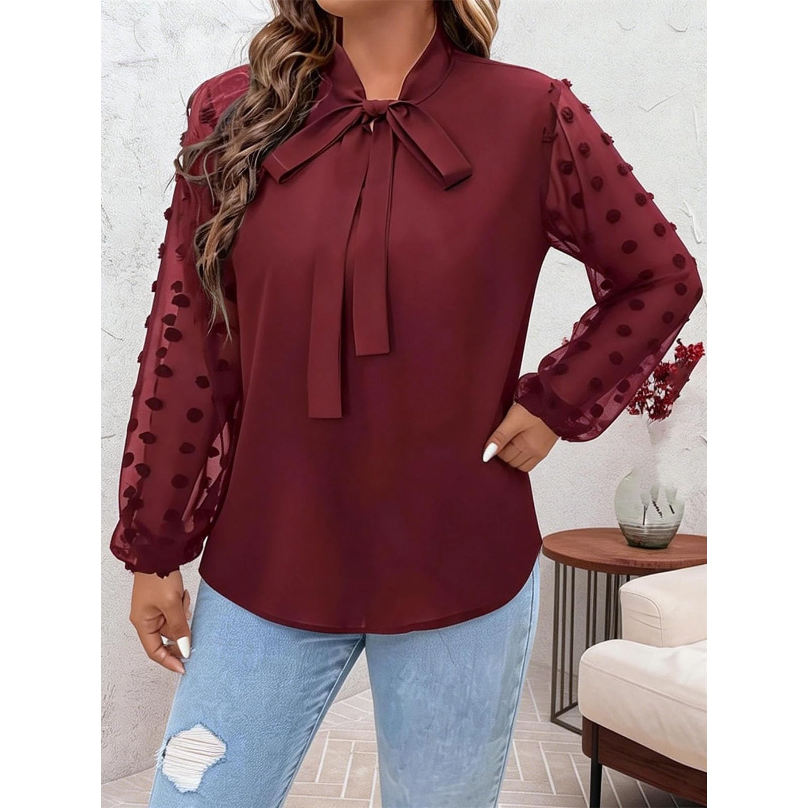 Camisa de manga larga para mujer, cuello con lazo, elegante, color liso, para oficina, uso diario