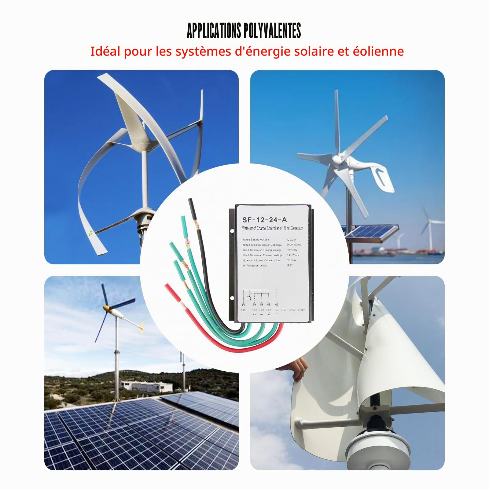 Contrôleur D'éolienne 12V/24V 300W/600W Contrôleur Charge Générateur D'éolienne éTanche Avec 3 Indicateurs LED Pour Petite Centrale Solaire, Lampadaire Solaire, énergie éolienne