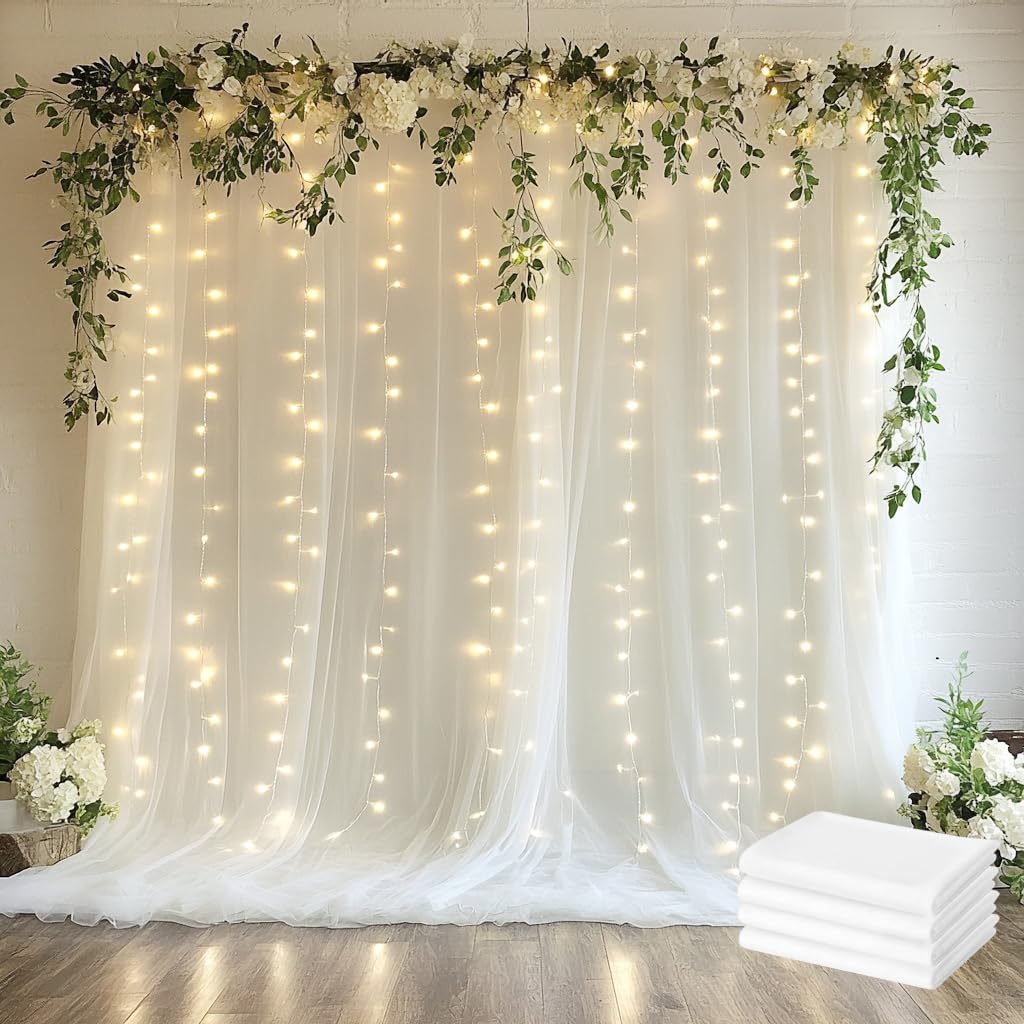 Tüll-Hintergrundvorhang mit Lichterkette, 6,8 x 3 m, elfenbeinfarben, durchscheinende Tüll-Hintergrundvorhänge für Hochzeit, Geburtstag, Party, Empfang, Fotoautomaten-Hintergrunddekorationen (4