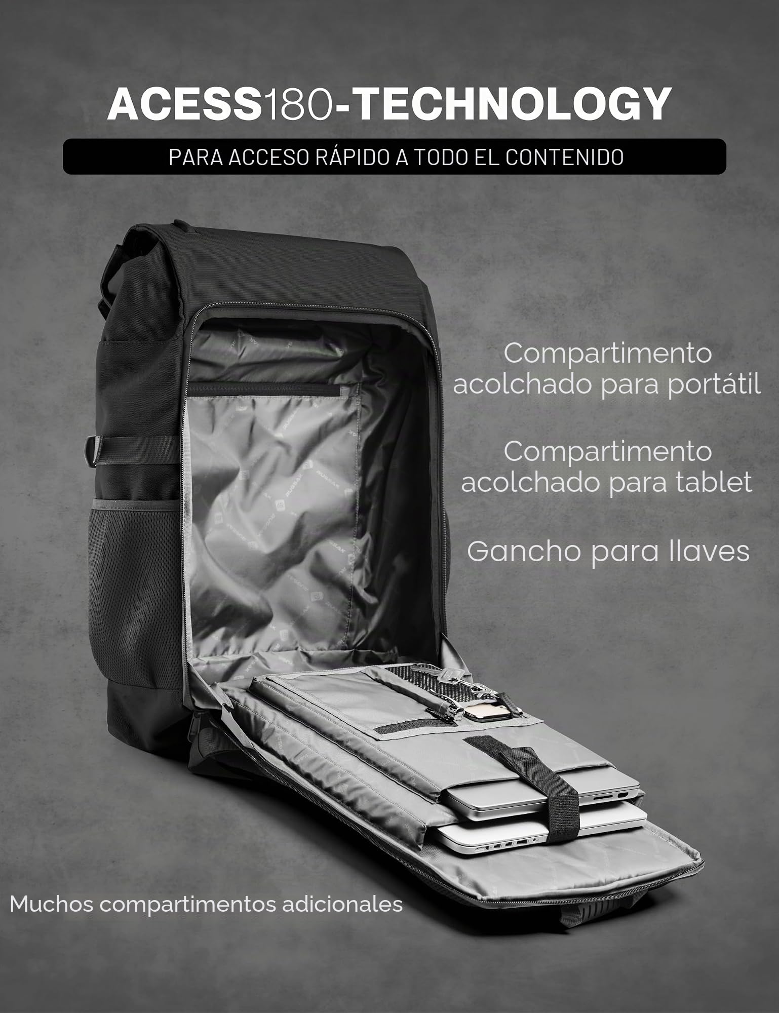 RUGSAK® Original Mochila enrollable de 30 l, tecnología de 3 tamaños, con compartimento Lapotpfach de 18 pulgadas, resistente al agua, para trabajo, escuela, viajes y deportes, para hombre y mujer –