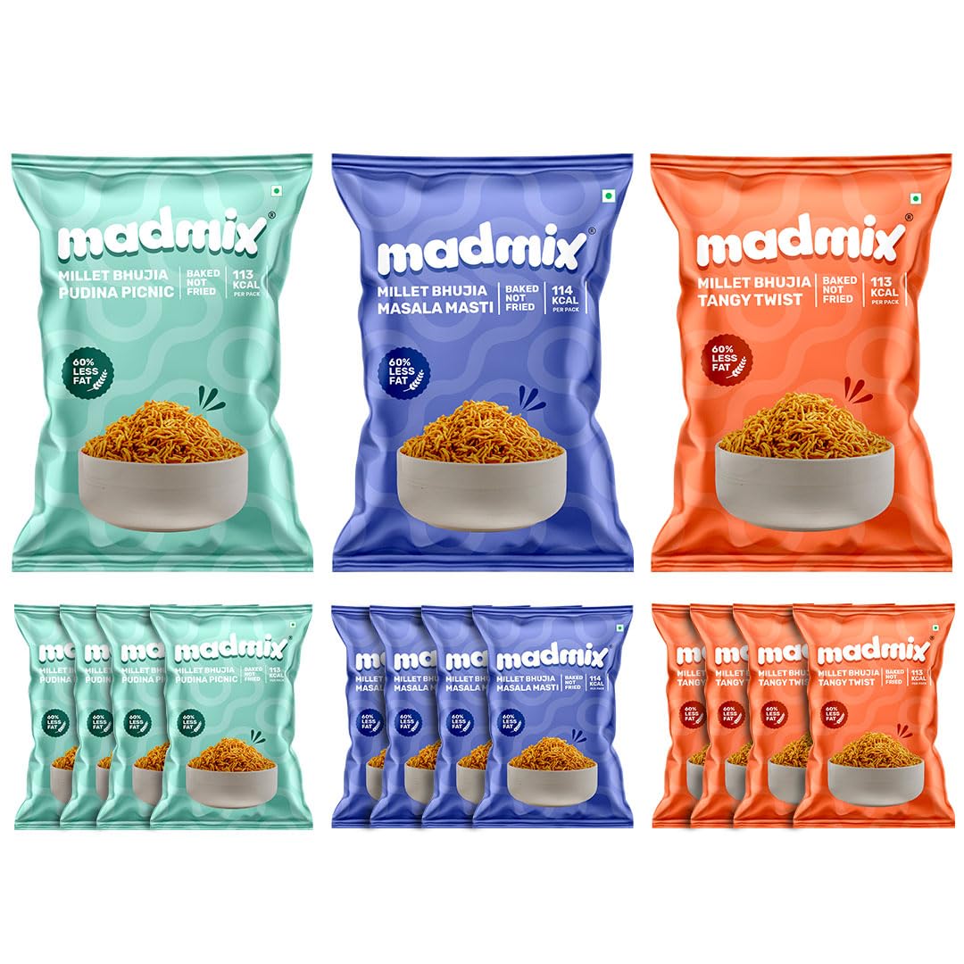 Madmix Baked Bhujia | Made with Jowar Millet | High Protein Vegan Snack | No Preservatives, Palm oil, Trans Fat | Healthy Snacks for Kids School Tiffin | Diet Namkeen Chakhna | Pack of 15 (25g X 15)…