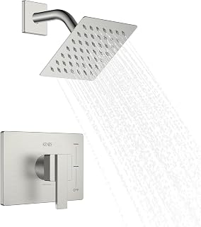KENES Brushed Nickel 6-Inch Shower Head and Handle Set, Square Shower Faucet Set Bathroom Rainfall Shower System Wall Mount, KE-6025B (Shower Valve Included)