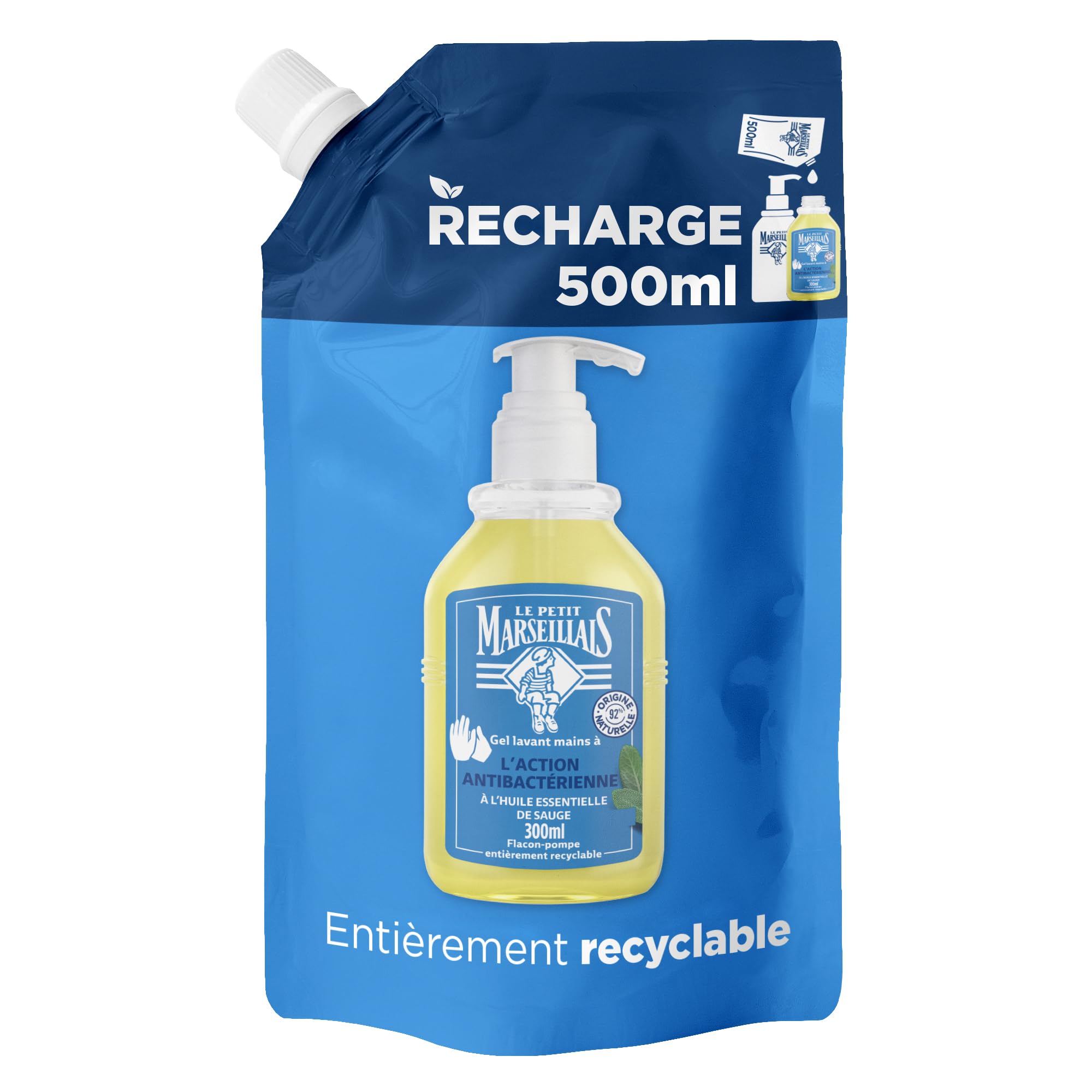 Le Petit Marseillais | Recharge Gel Lavant Mains Antibactérien (écopack de 500 ml) – Recharge savon liquide pour flacon-pompe – Savon mains à l’huile essentielle de sauge