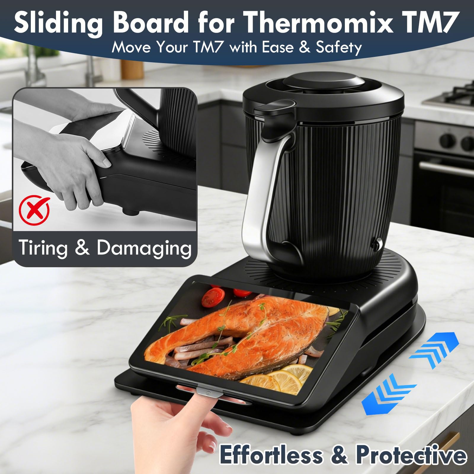 Tabla deslizante para Thermomix TM7 de cristal acrílico premium, base antideslizante con ruedas para un desplazamiento sin esfuerzo, color negro