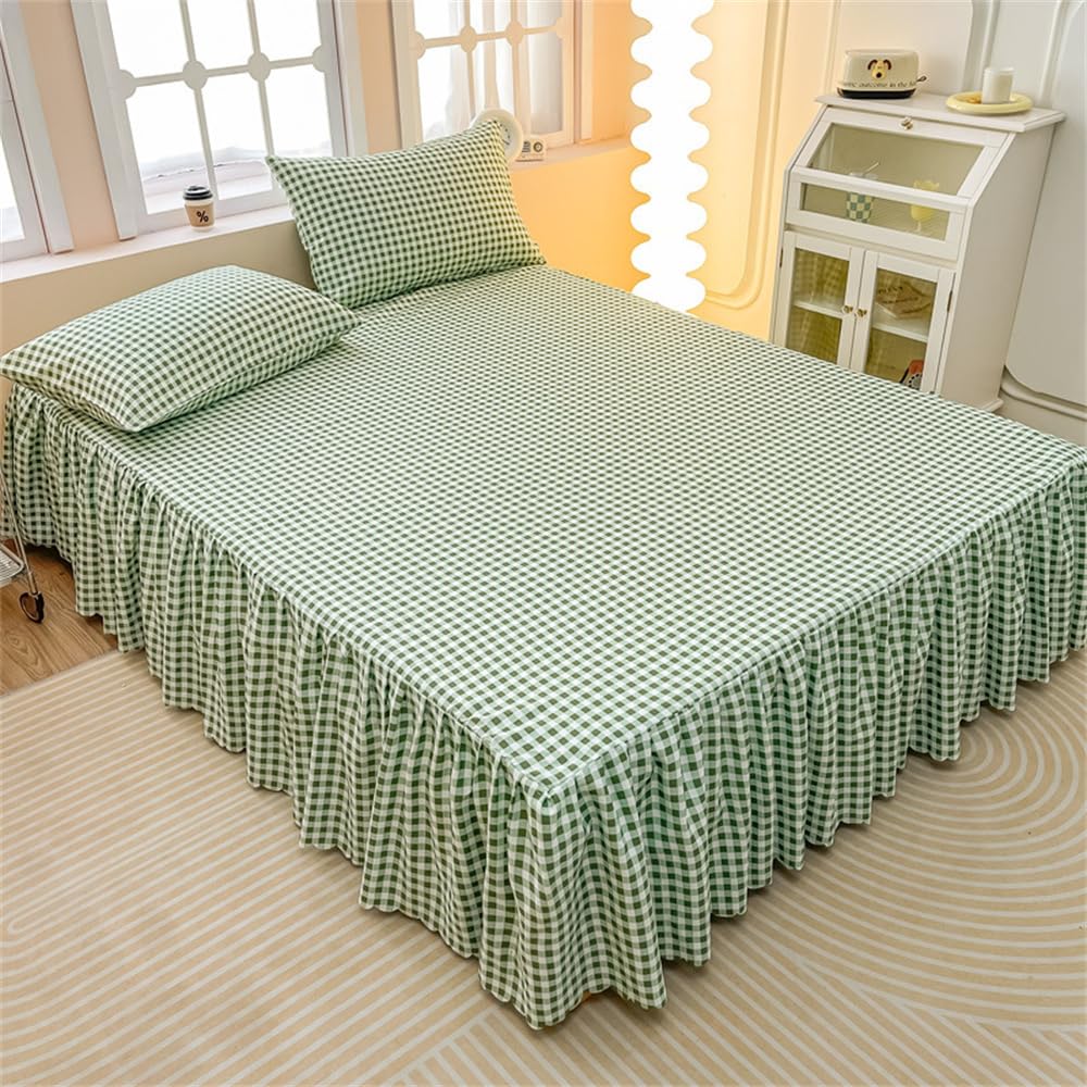 Highdi Valance Fitted Sheet, Soft Elastic Bed Skirt Plaid Stripes Extra Deep Frilled Wrap Around Bedding Sheets for Single Double King Size Bed -Easy Care Frill 40 cm (Green plaid,180x200cm)