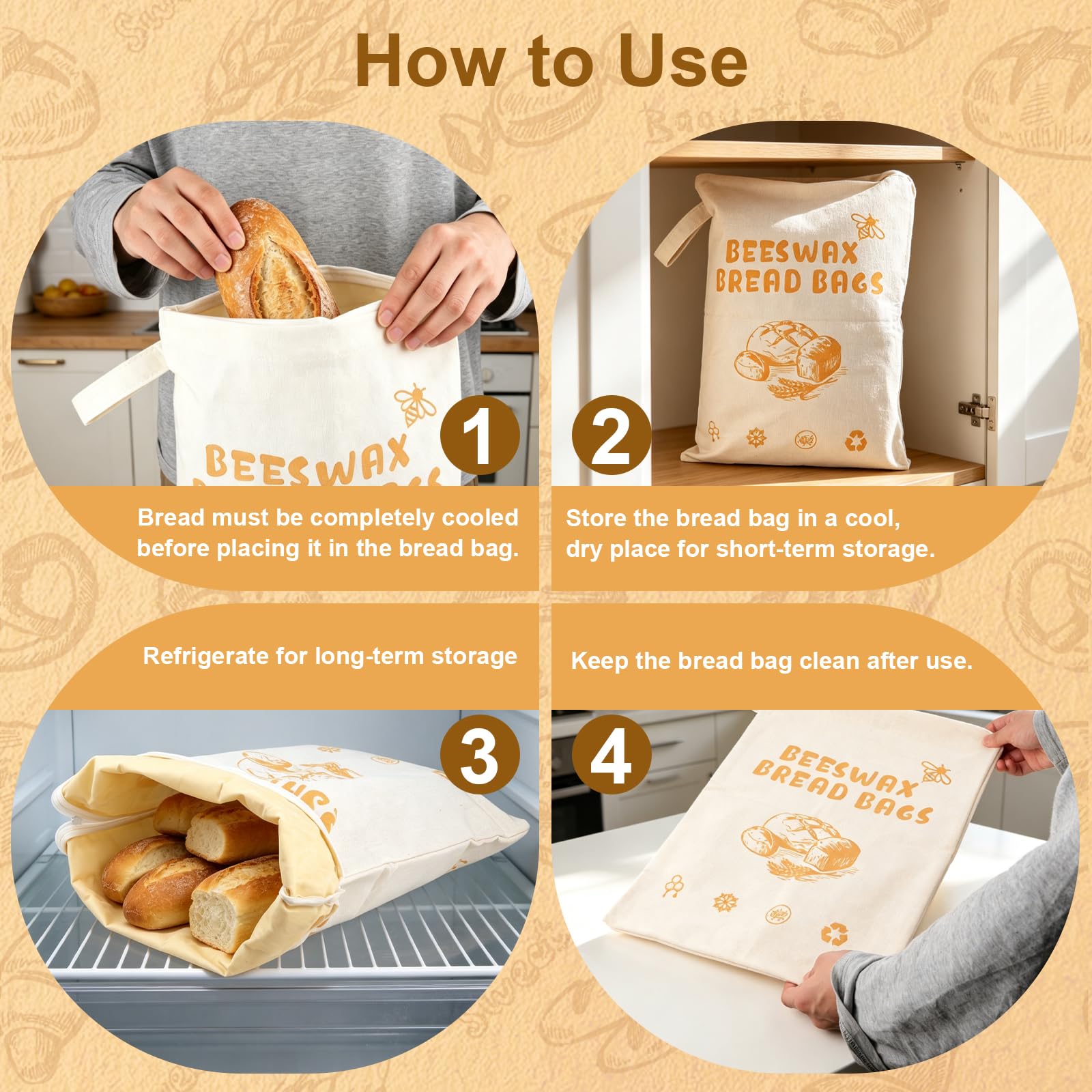 Lot de 2 sacs à pain en cire d'abeille avec ouverture en forme de L, 43 x 33 cm, sacs de rangement réutilisables en coton, faciles à remplir et à nettoyer, parfaits pour le pain au levain et fait