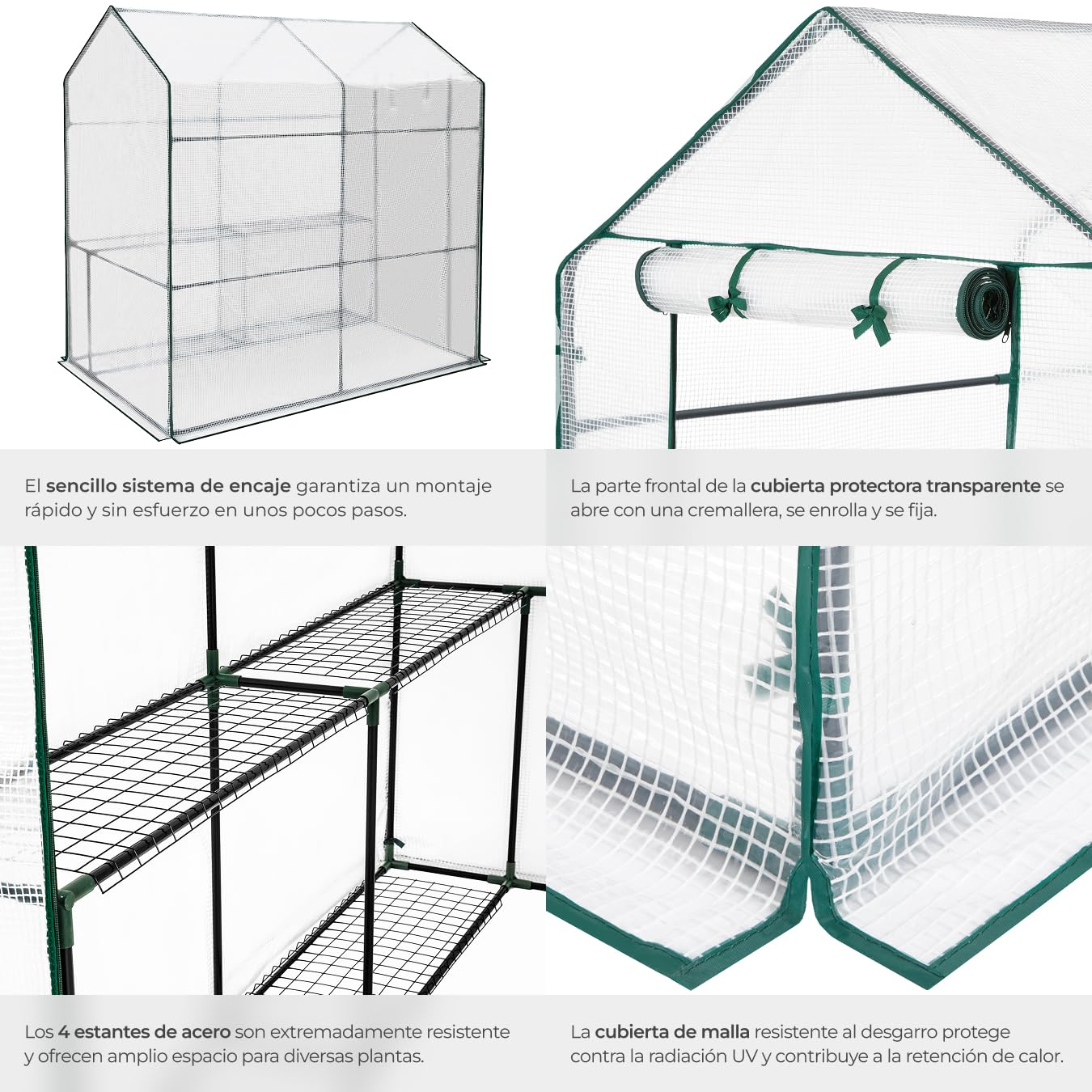 tectake® Invernadero Exterior con 4 Baldas Metálicas de Rejilla, Cubierta de PE contra UVA, Invernadero Terraza 186x120x190cm, Caseta Jardin Exterior con Cuerdas Tensoras y Piquetas, Fácil Montaje