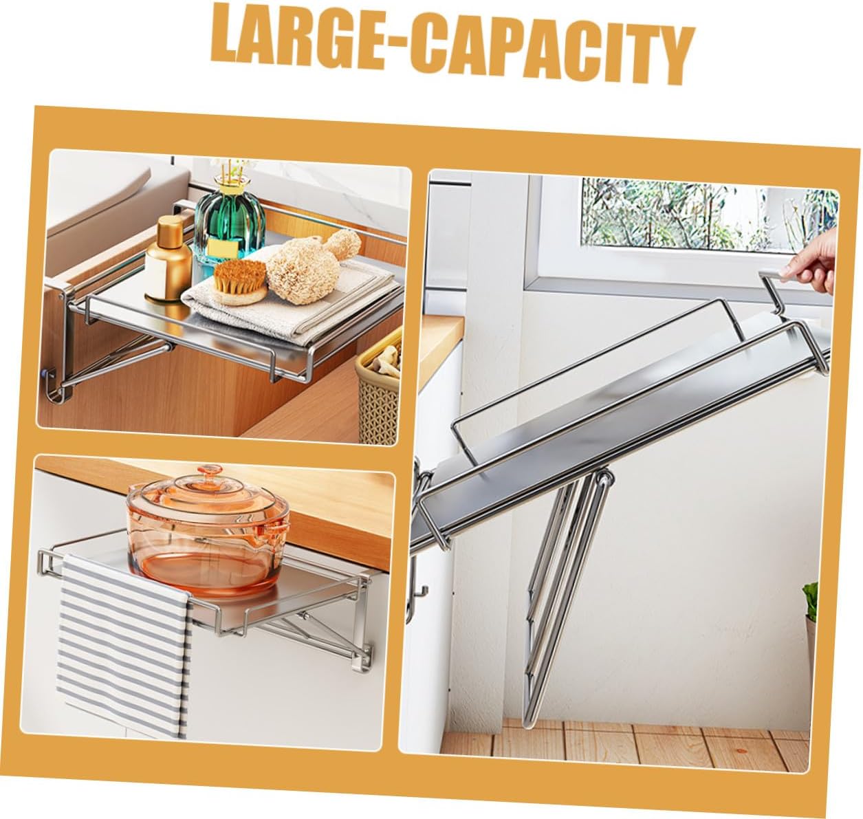 Stainless Steel Foldable Kitchen Door Hanging Shelf Organizer Non-punching Space-saving Spice Rack Storage for Cabinets Anti-aging Shelf with Strong Load-bearing for Residential