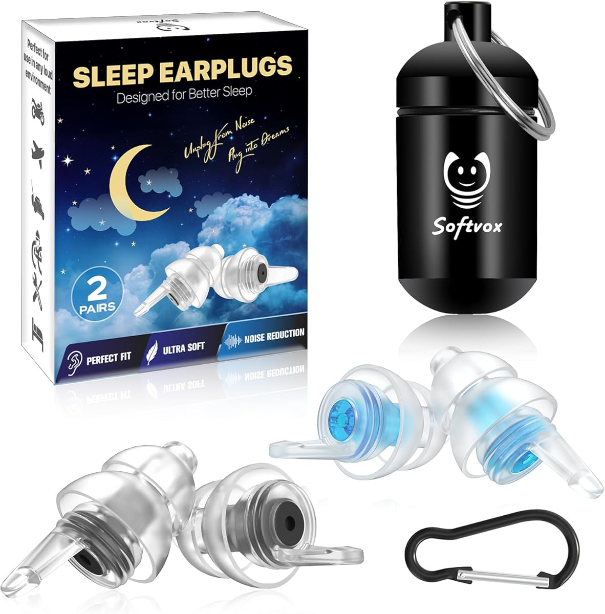 Ear Plugs for Sleeping, Comfy Reusable Earplugs for Sleep, Snoring, Deep Focus, Travel, Noise Sensitivity, Tinnitus Relief, Flexible Silicone Hearing Protection, 27dB Noise Reduction,BKBU