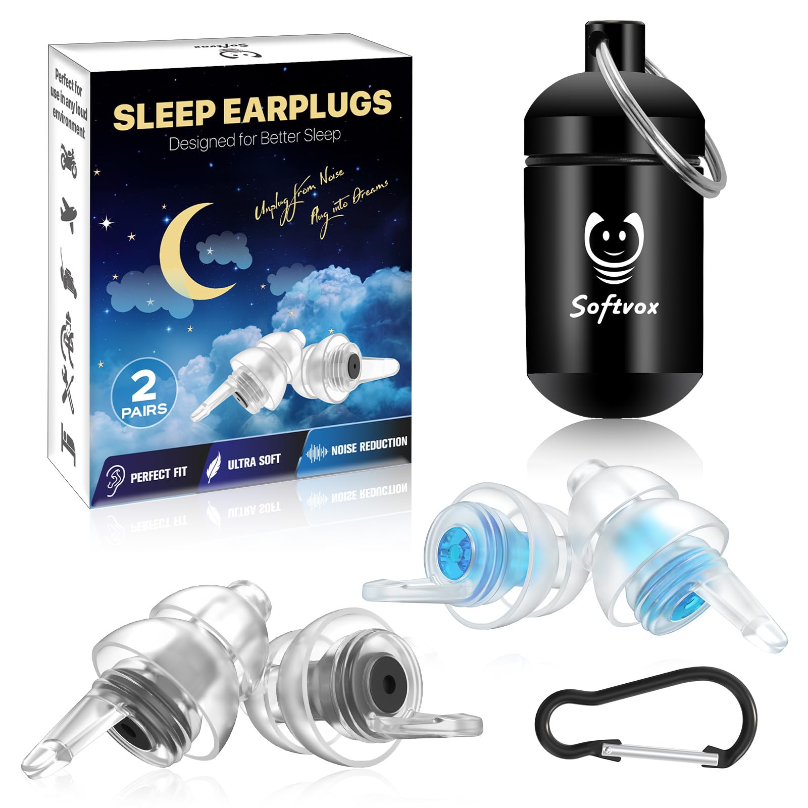 Ear Plugs for Sleeping, Comfy Reusable Earplugs for Sleep, Snoring, Deep Focus, Travel, Noise Sensitivity, Tinnitus Relief, Flexible Silicone Hearing Protection, 27dB Noise Reduction,BKBU