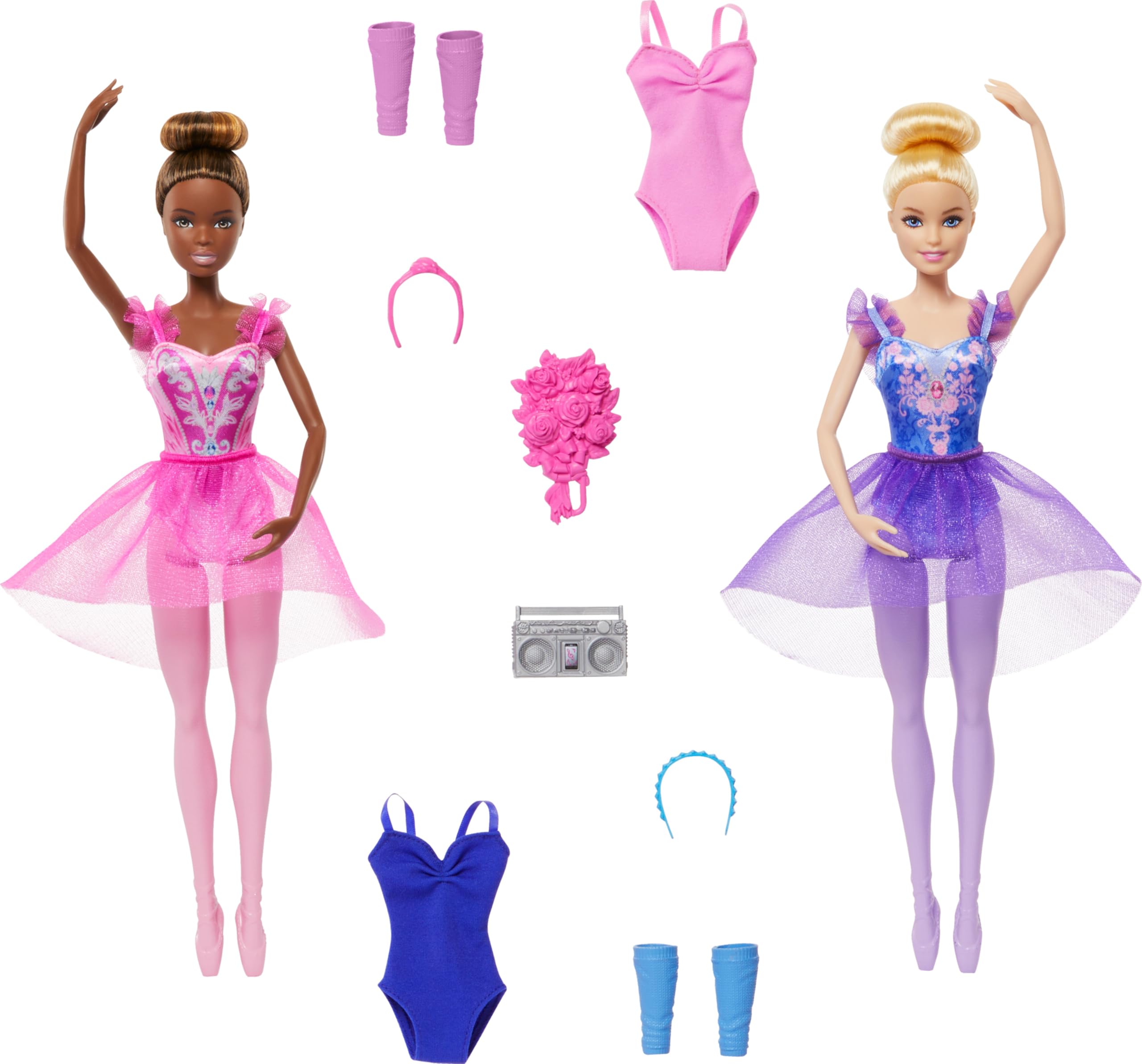 Barbie - Set Ballet Room, include 2 bambole bruna e bionda con outfit a tema balletto e 9 accessori alla moda per outfit extra, giocattolo per bambini, 3+ anni, HXC37