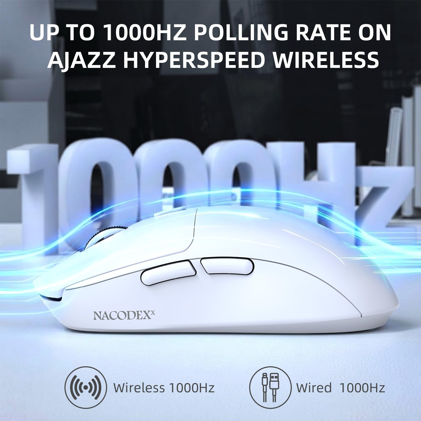 A.JAZZ SUPERLIGHT NJ07 Mouse Wireless Per Computer, BT/2,4G/USB-C, Leggero 67g, 12800 DPI, Batteria da 300 mAh, 1K Polling Rate, Ergonomico, Mouse da Gioco Ufficio Silenzioso e Senza Fili - Bianco