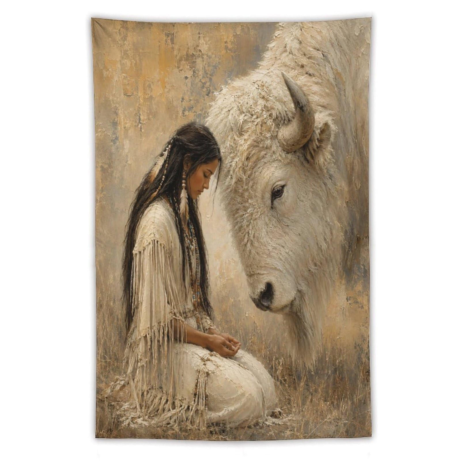 W7C8U2X3 White Buffalo Woman Oil Style Wall Tapestry, Living Room
