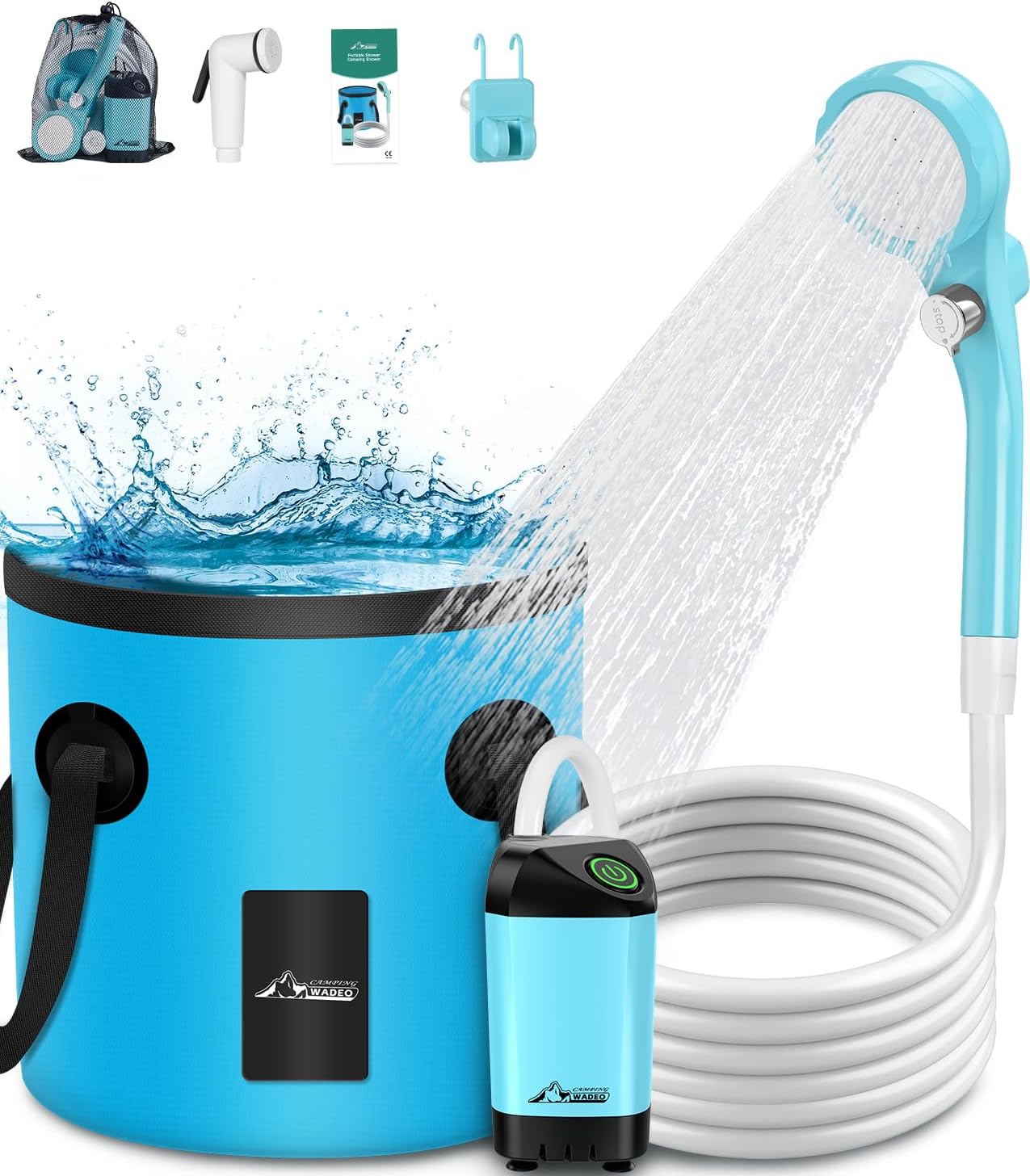 WADEO Portable Shower for Camping, Outdoor Electric Shower Rechargeable Pump with 20L Collapsible Bucket, Camping Shower Head Nozzle for Camping, Hiking, Traveling, Washing