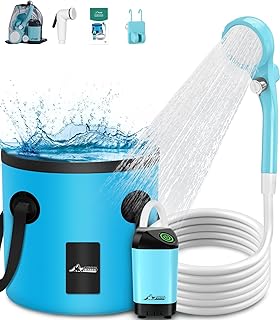 WADEO Douche Portable pour Camping, Douche électrique Extérieure Rechargeable avec Affichage Numérique Intelligent, Seau Pliable 20L, Deux Pommeaux de Douche pour Camping, Randonnée, Voyage (Bleu)