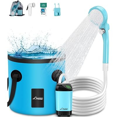 WADEO Portable Shower for Camping, Outdoor Electric Shower Rechargeable Pump with 20L Collapsible Bucket, Camping Shower Head Nozzle for Camping, Hiking, Traveling, Washing
