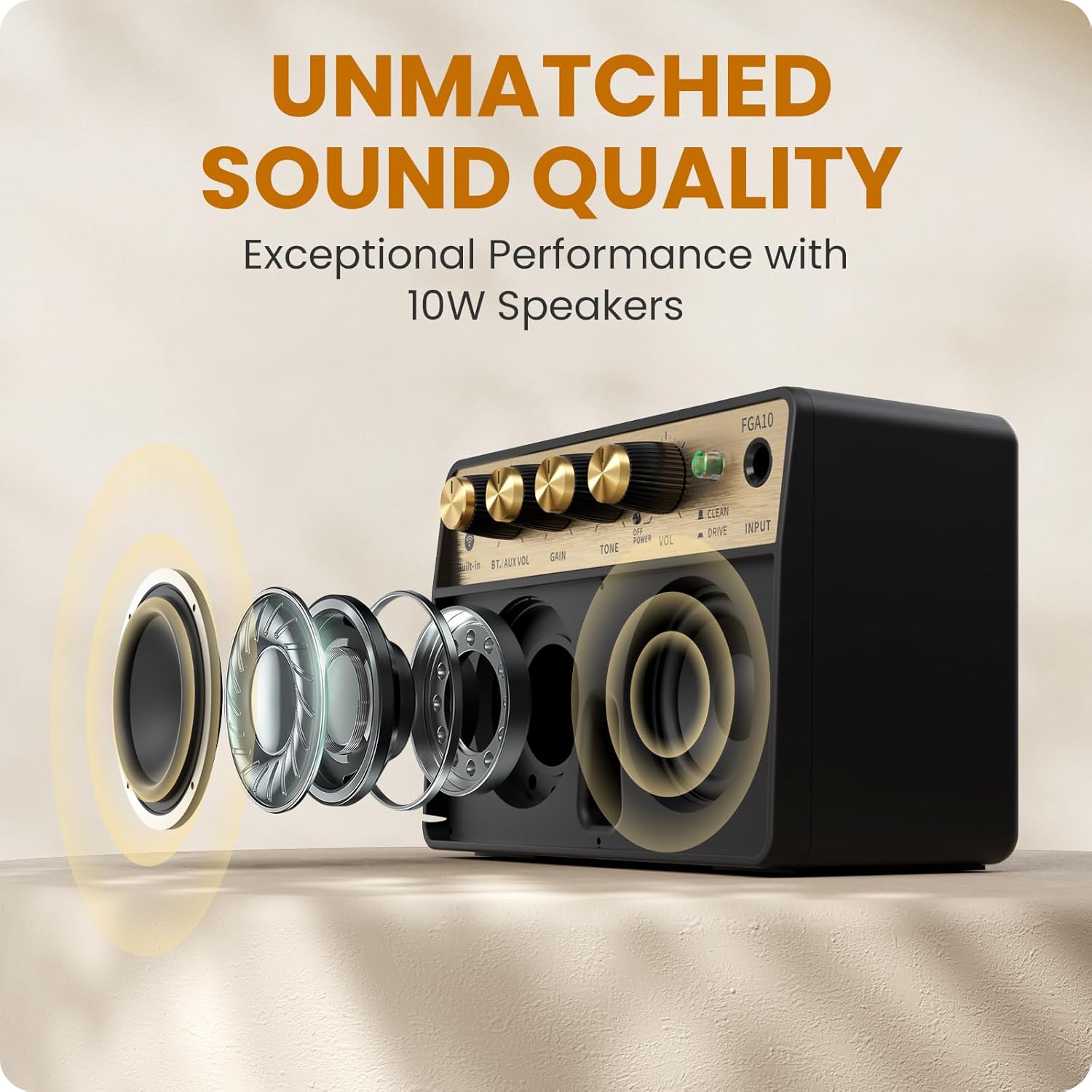 Fesley Mini Guitar Amp: 10W Portable Recharged Guitar Amplifier, Bluetooth Amp with Clean and Drive Channels, Mini Amplificador for Practice with 3.5mm Headphone Output, FGA10 - Image 3