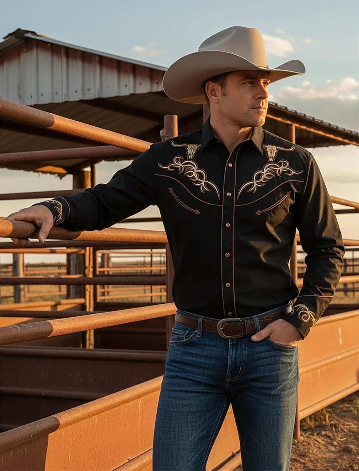 Men's Embroidered Exquisite Bull Head Western Cowboy Shirt Long Sleeve Regular Fit Snap Button Down Shirts - Image 2