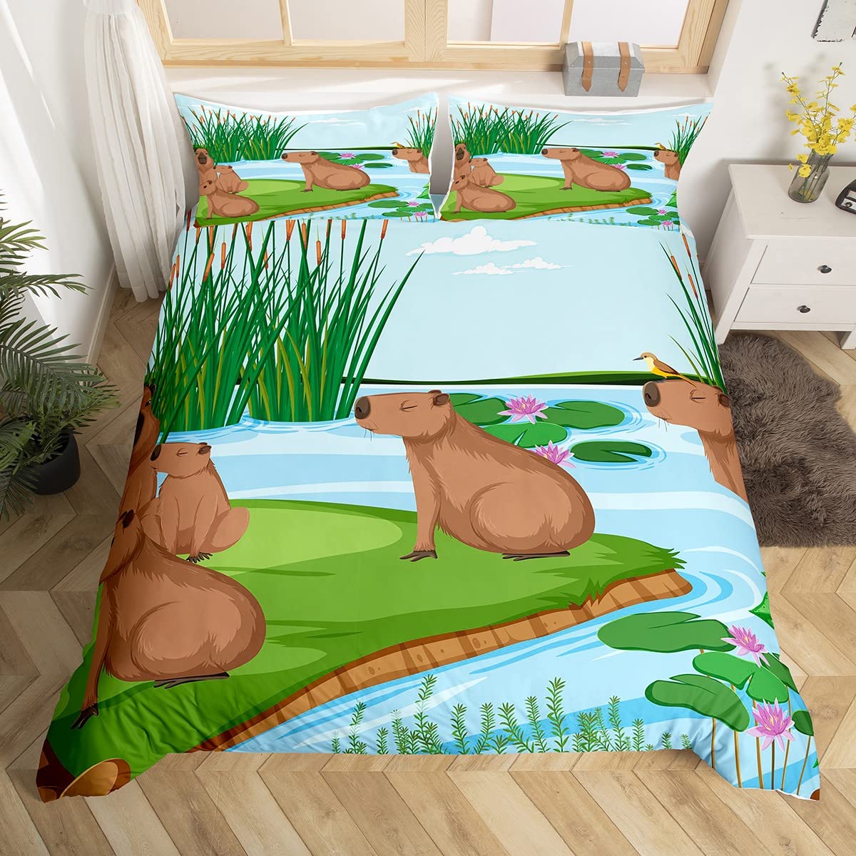 Manfei Capybara Duvet Cover Set Double Size, South America Animal Comforter Cover with 2 Pillowcases, Green Leaves Purple Lotus Flower Bedding Set 3pcs for Kids Boys Girls Lightweight Bedspread Cover