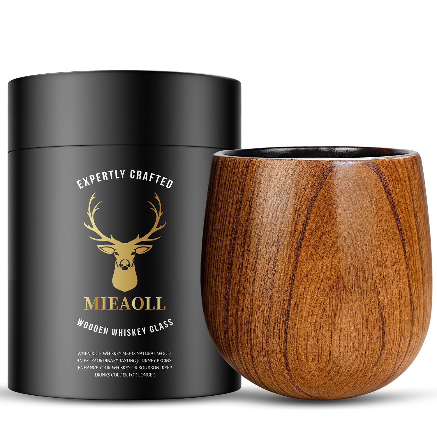 Mieaoll Wooden Whiskey Glass Gifts For Men - Charred Wood Bourbon Whiskey Glasses, Perfect for Men Who Have Everything, Gift for Dad or Boyfriend on