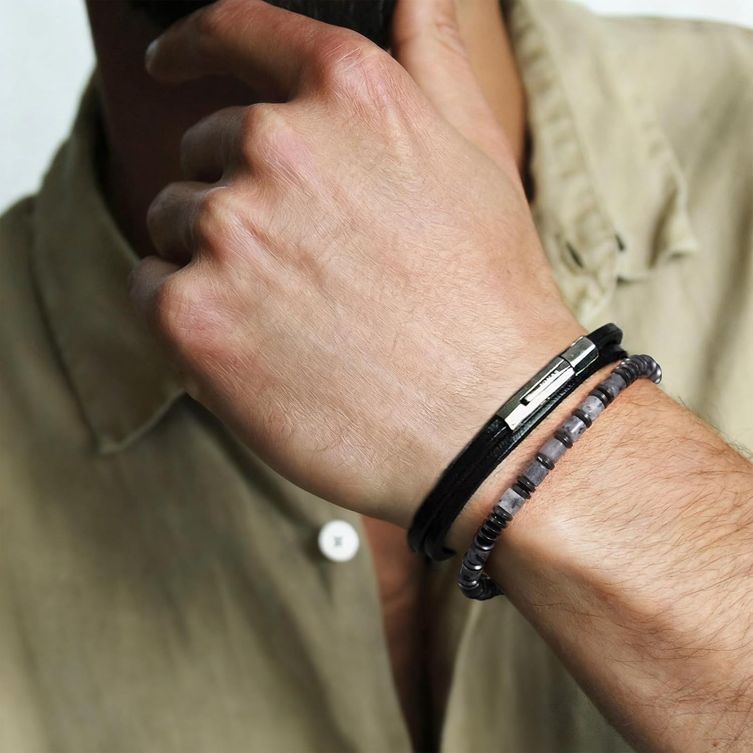 Beaded Bracelets Valentine's Day Gifts for Him, Link Bracelet Matched with Handmade Natural Stone, Adjustable Retractable Cord, Men's Chakra Protection Bracelet Gifts - Image 2