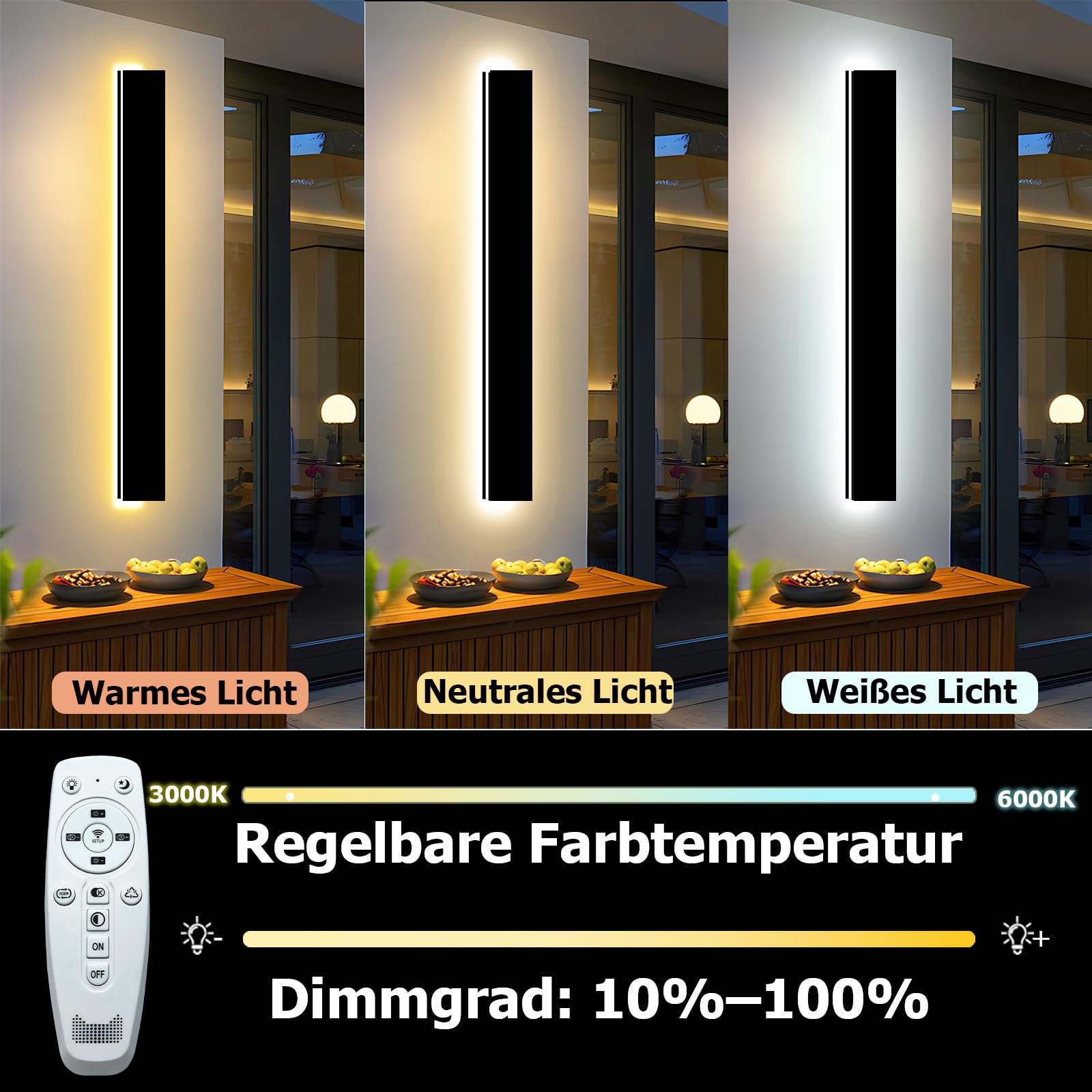 1Stück 80cm Außenwandleuchten, 3000K-6000K Dimmbare Außen LED Wandleuchte für Garage und Vordertür, Schwarz Lange Außenwandlampe IP65 Wasserdicht für Villa Schlafzimmer, Wohnzimmer Innen