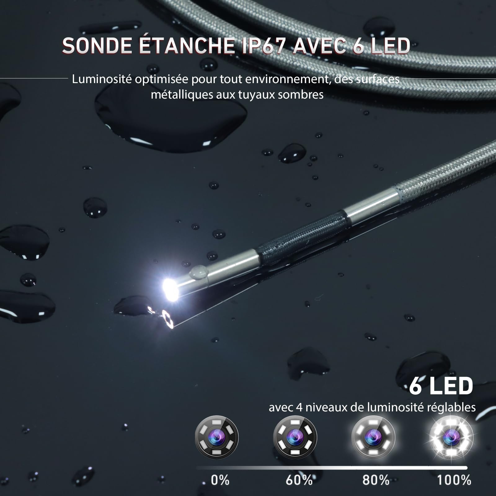 Ralcam Caméra Endoscopique avec Lumière, Tête Rotative à 210°, Sonde 3.9 mm, Écran HD 5", IP67 Étanche, Câble Serpentin en Acier INOX 1,5 m, Caméra d’Inspection pour Voiture, Tuyaux et Maison