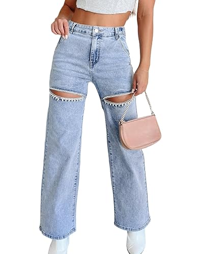 Kedera Women's Rhinestone Pearl Cut Out Jeans High Rise Straight