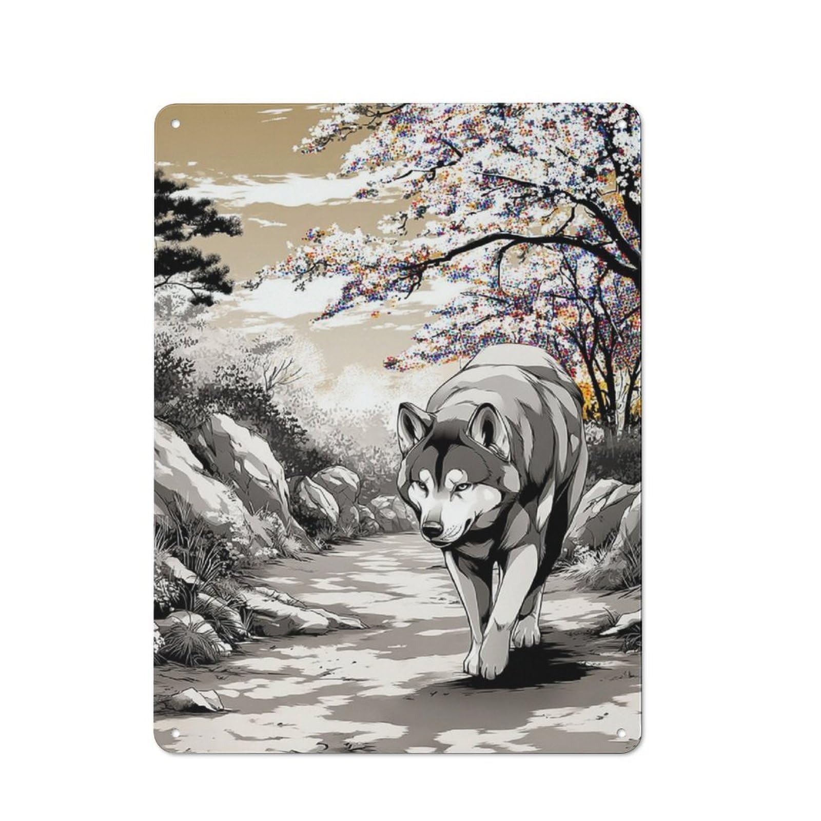 Wolf in A Colorful Forest Metal Wall Plaque 40x30cm, Everyday Small Space Decor for Flat, Dorm Room, Lounge Or Cafe