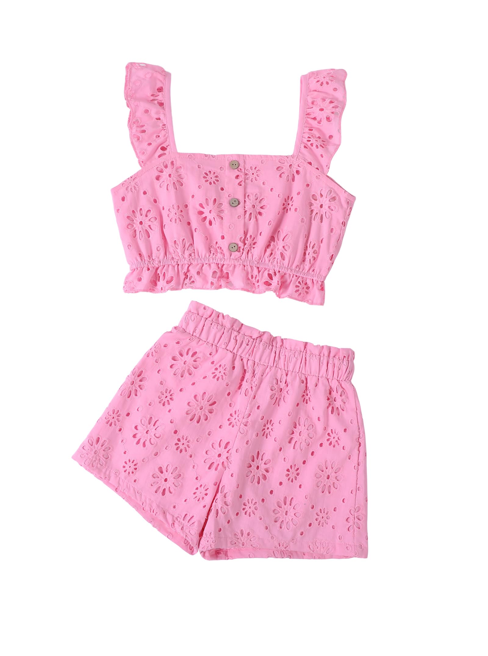 Girls Vacation Outfits Summer 2 Piece Eyelet Ruffle Crop Tank Top with Short Set Pink 9-10 Years