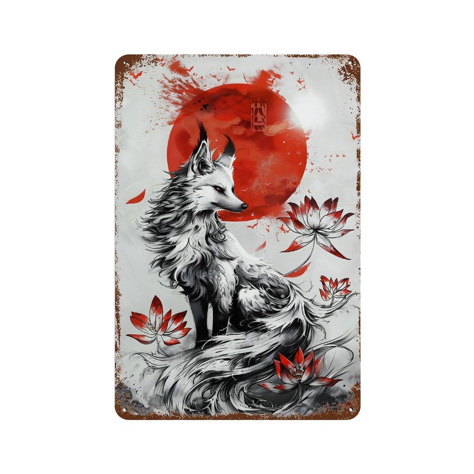 Aged Metal Wall Plaque with Kitsune Japanese Fox Design 11.8"x7.9", for Shed, Workshop And Garage Wall Decor, Decorative Metal Wall Art