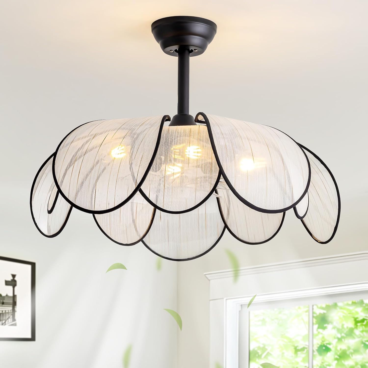 28" Flower Ceiling Fan with Lights and Remote Control, Boho Black Chandelier Fan with 6 Speeds, Modern Fandelier for Kitchen Island, Dining Room, Living Room, Nursery