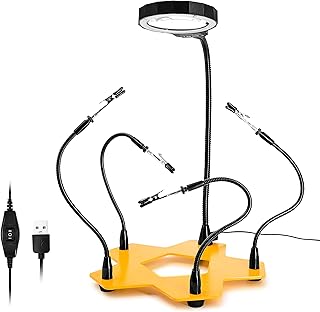 Third Hand Soldering PCB Holder Tool Quad Arms 3X LED Magnifying Helping Hands Crafts Jewelry Hobby Workshop Helping Station Non-Slip Metal Weighted Base