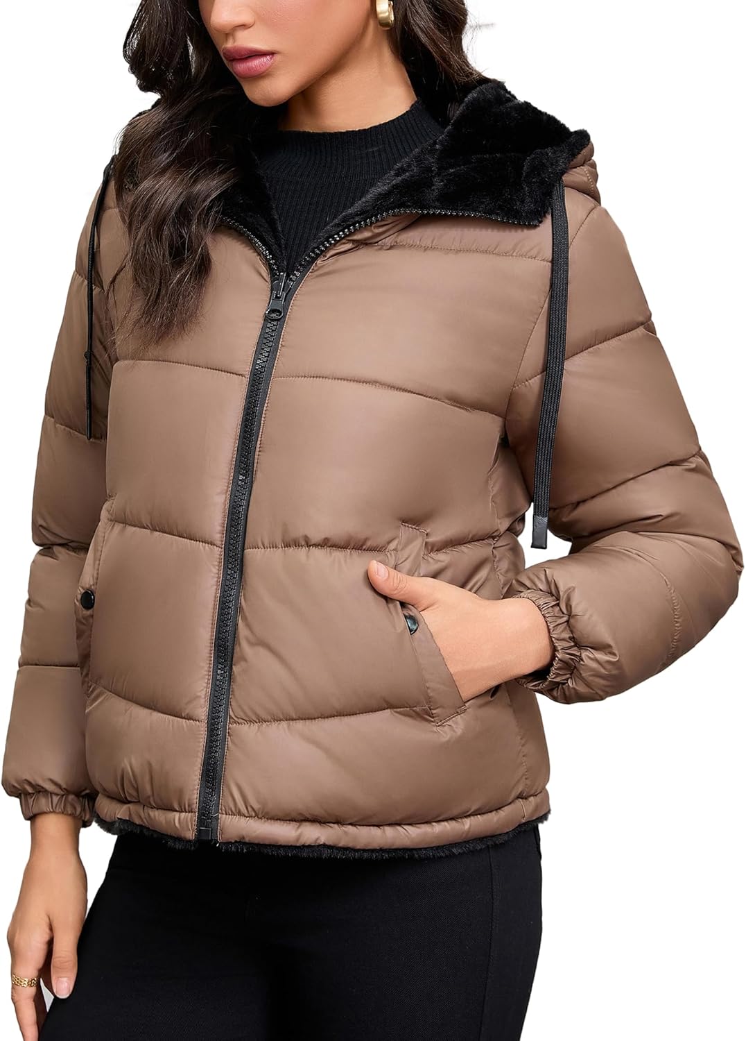 Women's Heavyweight Quilted Puffer Jacket Warm Sherpa Lined Reversible Winter Short Coat for Winter