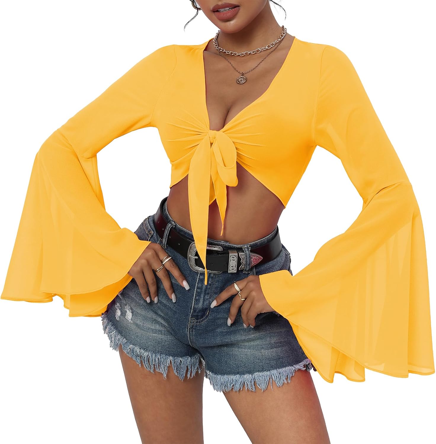 Mesh Tops for Women Bell Sleeve Rave Outfits Tie Front Crop Top Long Sleeve Shirt Sheer Blouse Festival