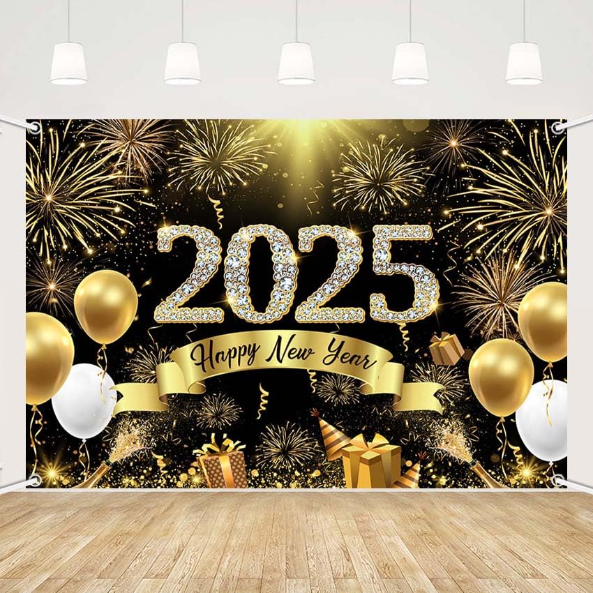 MEHOFOND 7x5ft New Year Backdrop, Banner for Decorations 2025 Gold Black Fireworks Balloons Photography Background for New Year's Eve Party Supplies