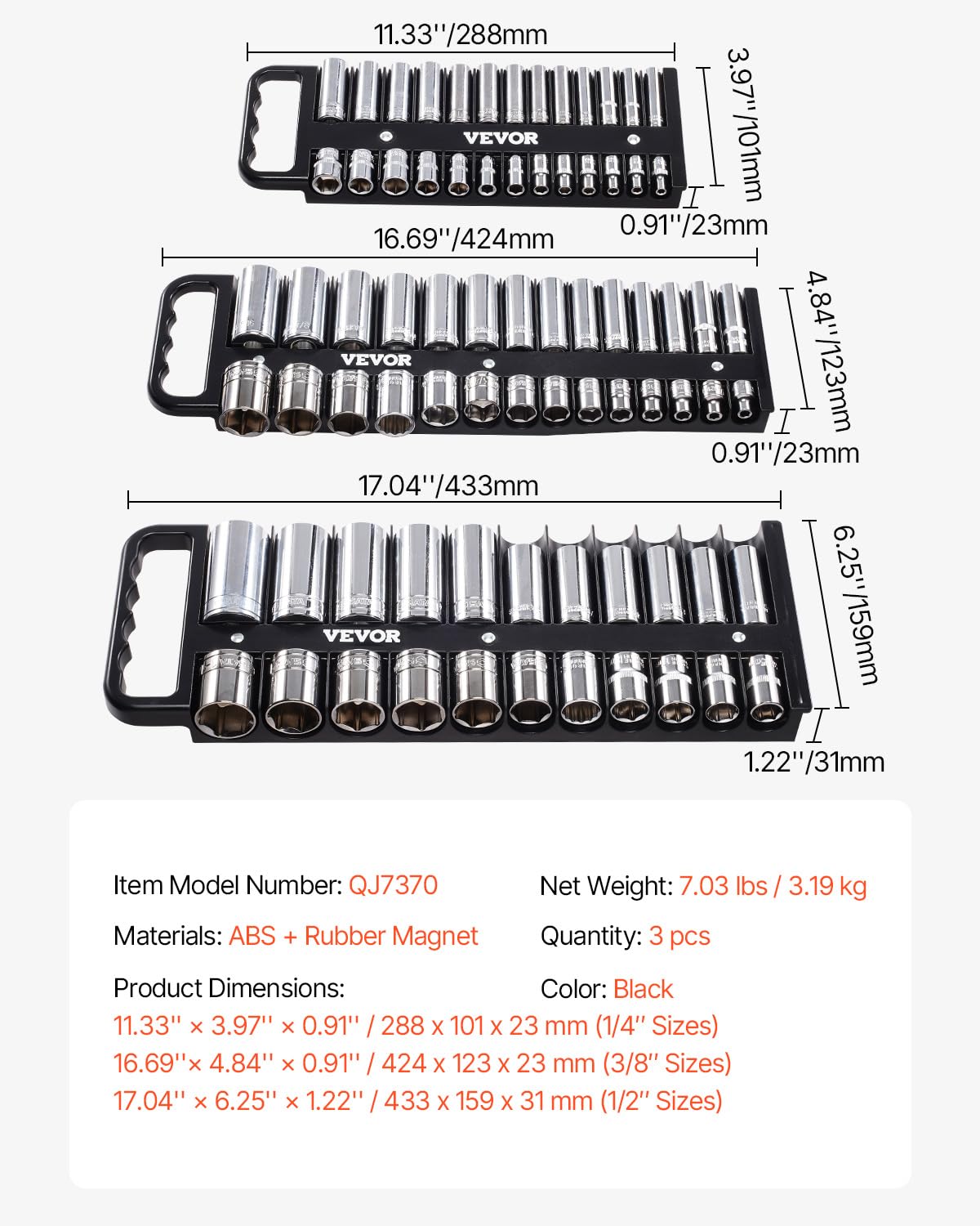 VEVOR Kit Organisateurs de Douilles Portables, Lot de 3, Plateaux de Douilles Métriques SAE 1/4'', 3/8'', 1/2'', Capacité de 76 Douilles, avec Poignée et Base Magnétique, pour Tiroir de Boîte à Outils