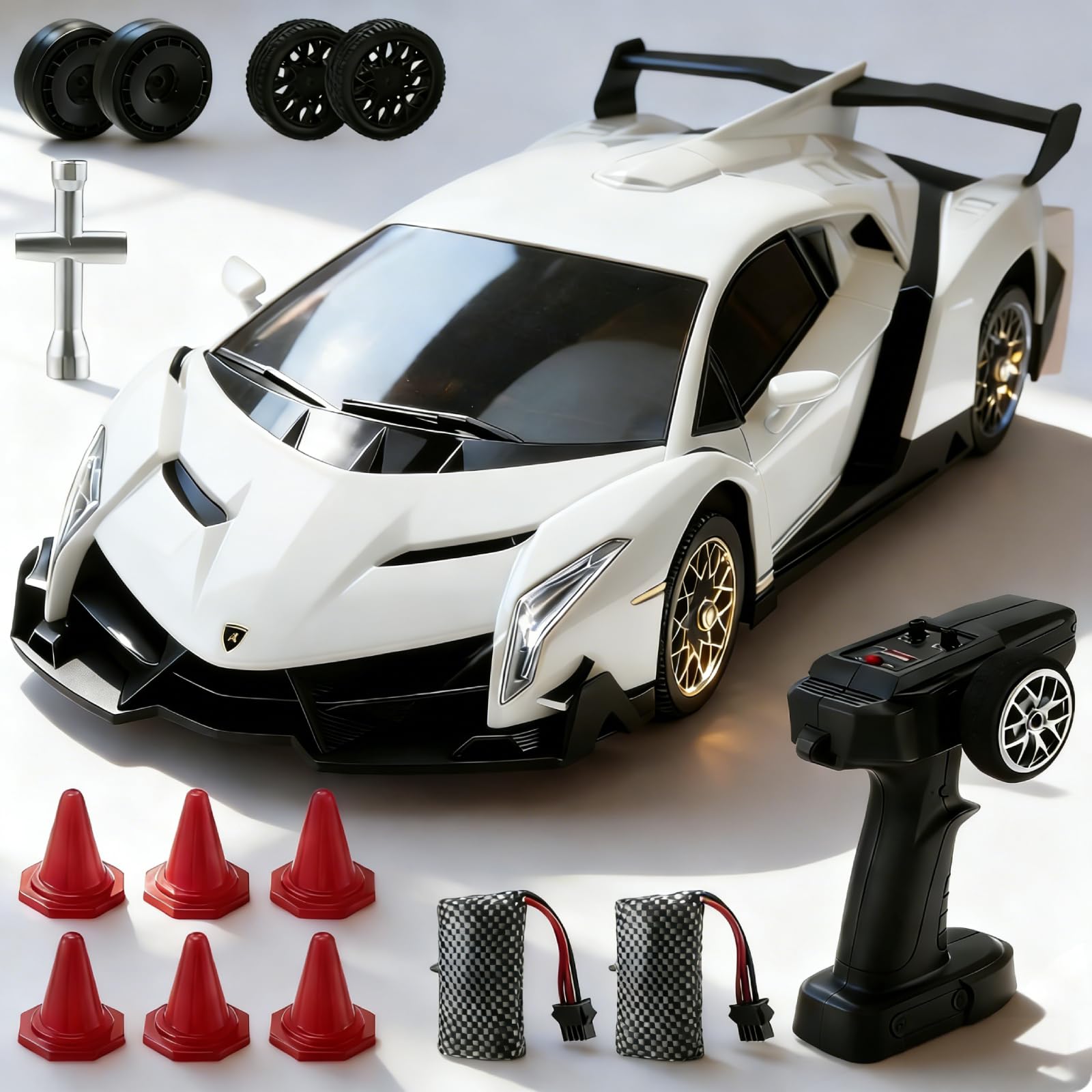 Voiture Télécommandée Drift, 2.4 GHz 1:18 Lamborghini RC Drift Car avec LED, 35 KM/H 4WD Voiture Télécommandée Tout Terrain pour Garcons et Filles 5 6 7 8 9 10 Ans (Blanche)