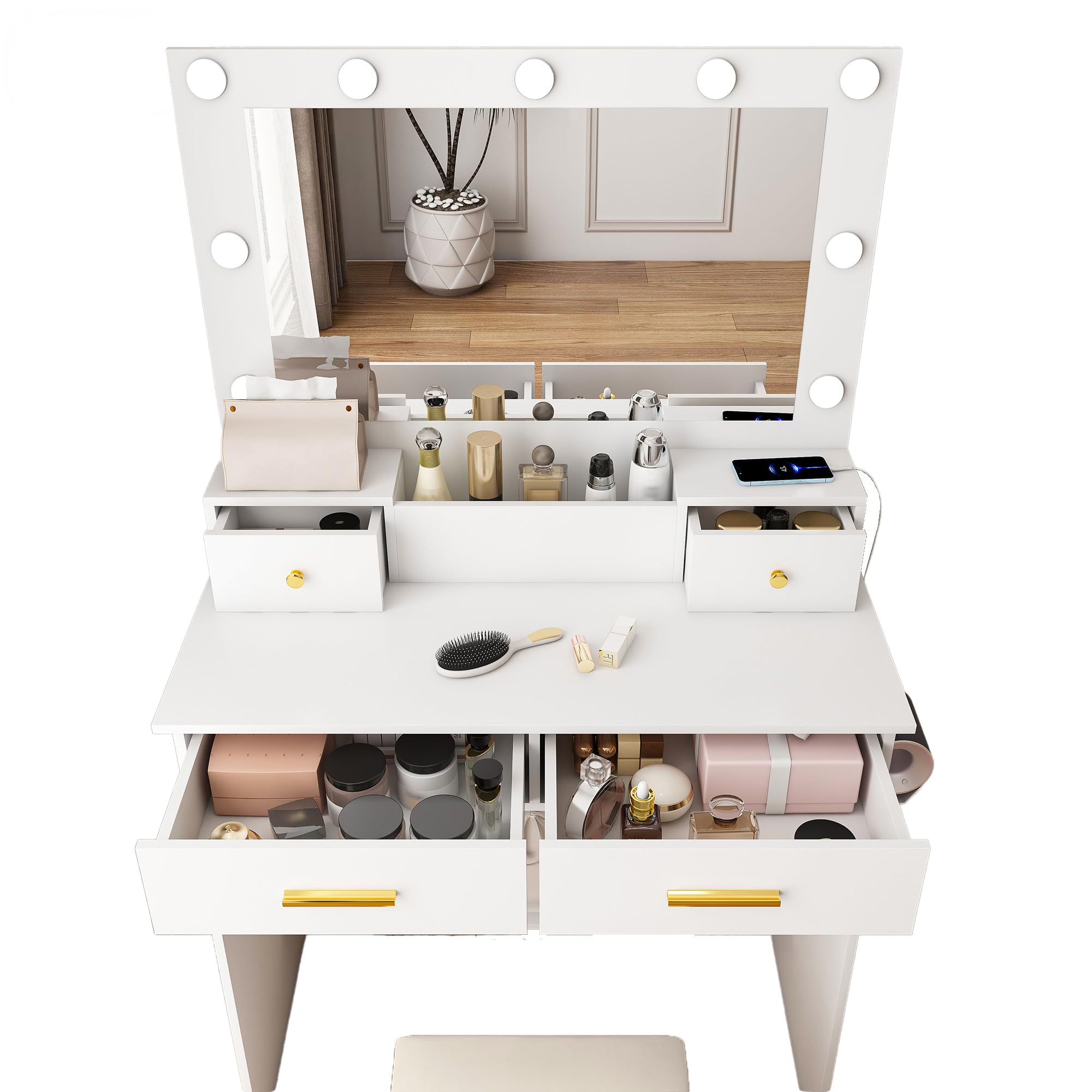 Schminktisch mit Beleuchtung, Hocker und Steckdose, 4 Schubladen, 80 cm