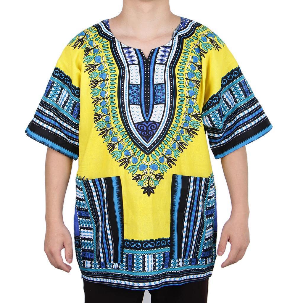 LOOM TREE Unisex Traditional African Prints Dress Cotton Dashiki Shirt Ethnic Caftan Yellow Blue-image-31