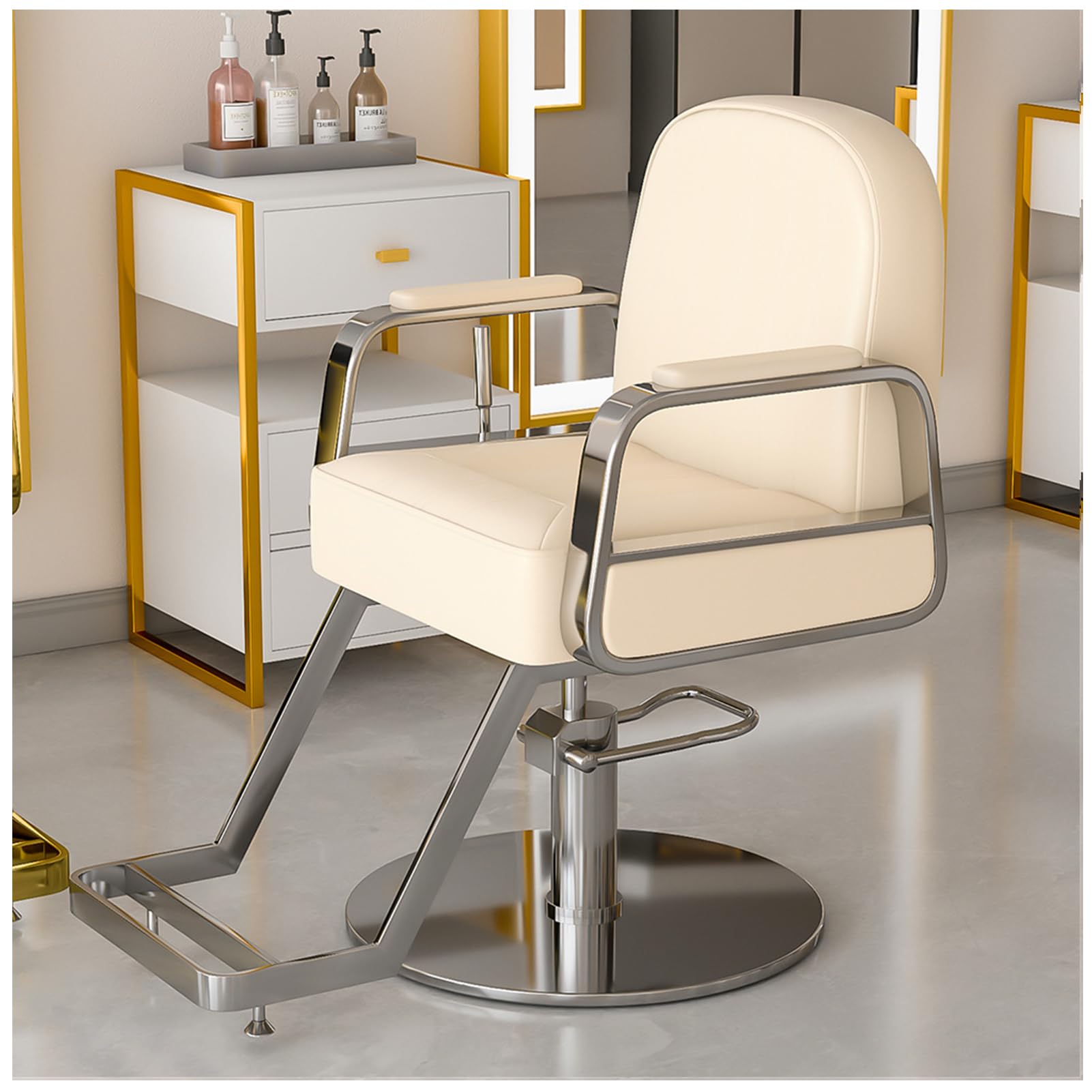 Regulowane krzesło fryzjerskie z pompą hydrauliczną obracany o 360° podnóżek stylizacja krzesło salon wyposażenie spa nowoczesny design w kolorze białym i srebrnym wykończeniem
