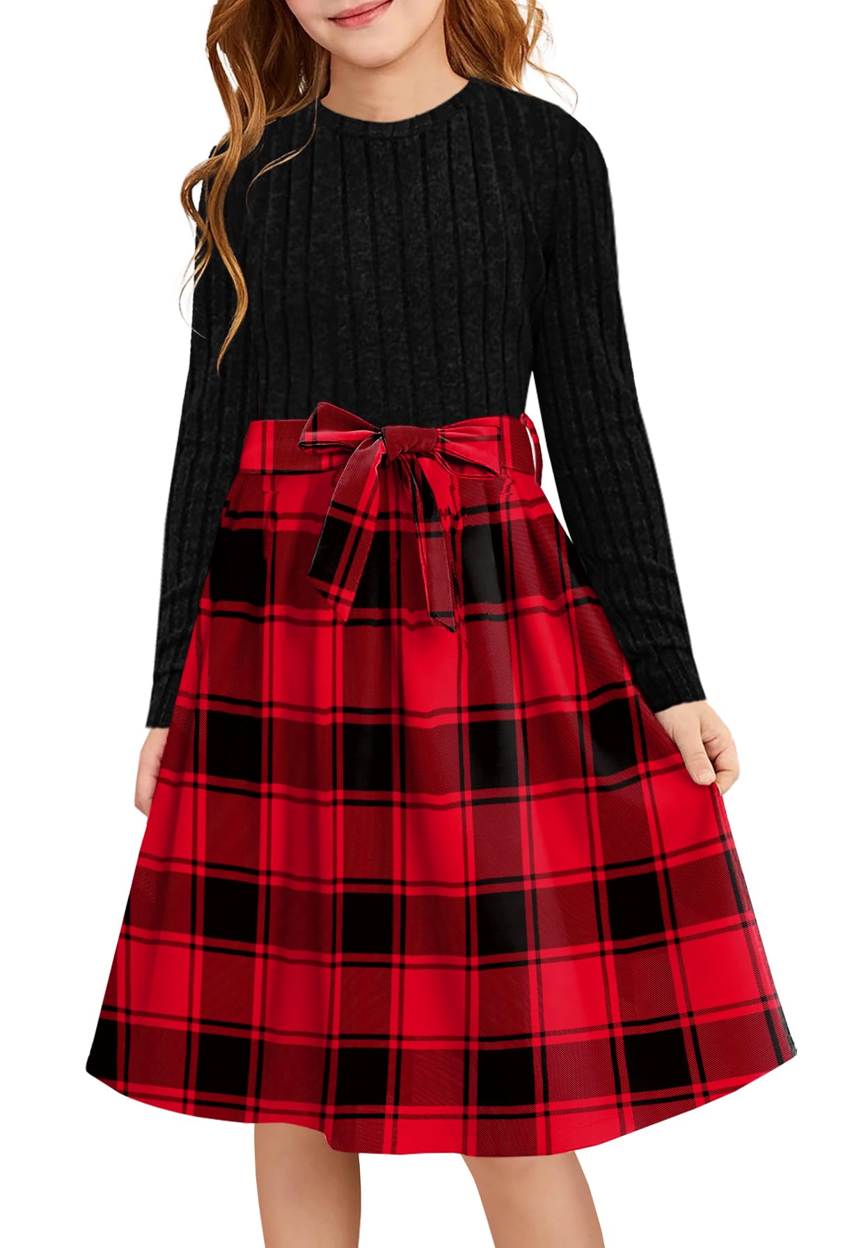 YOVION Langärmeliges Kleid für Mädchen, A-Linie, Swing, Urlaub, lässig, Strickkleider mit Gürtel, für 6–12 Jahre