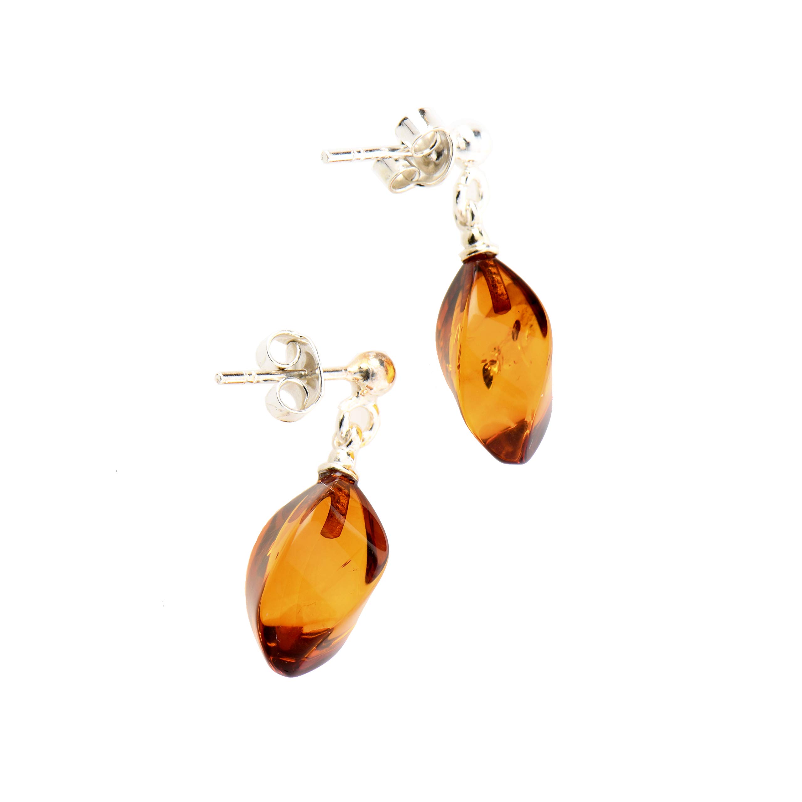 Amber JeweleryTheNaturalAmber Cognac Amber Drop Earrings – Twisted Baltic Amber & 925 Sterling Silver Dangle Earrings for Women – Handmade Polished Elegant Jewelry