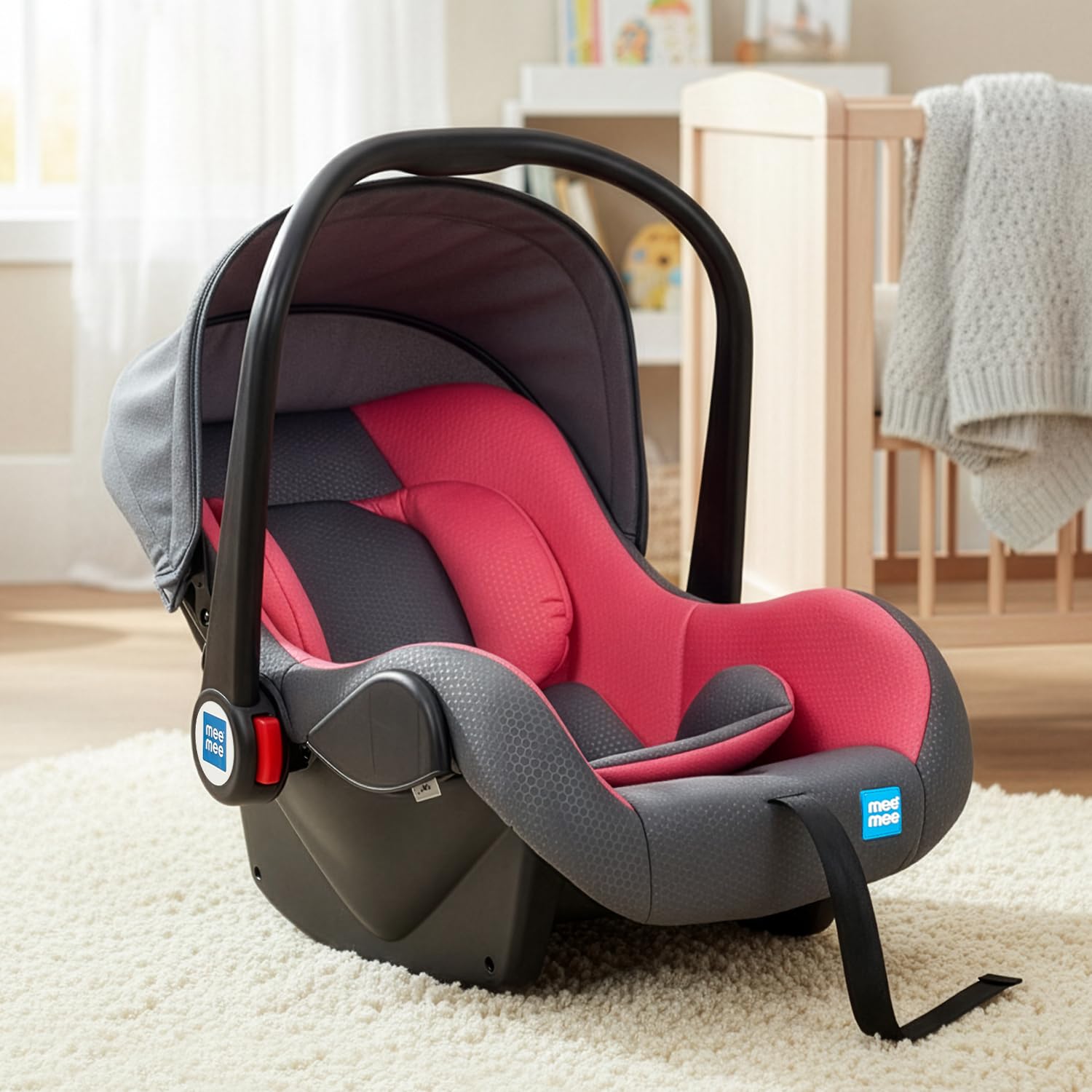 Mee Mee 4-in-1 Infant/Baby Car Seat & Carry Cot with Canopy, Convertible to Car seat, Rocking Chair, Carry Cot & Feeding Chair, 0 to 15 Months | Weight Capacity Upto 13 Kgs (Red)