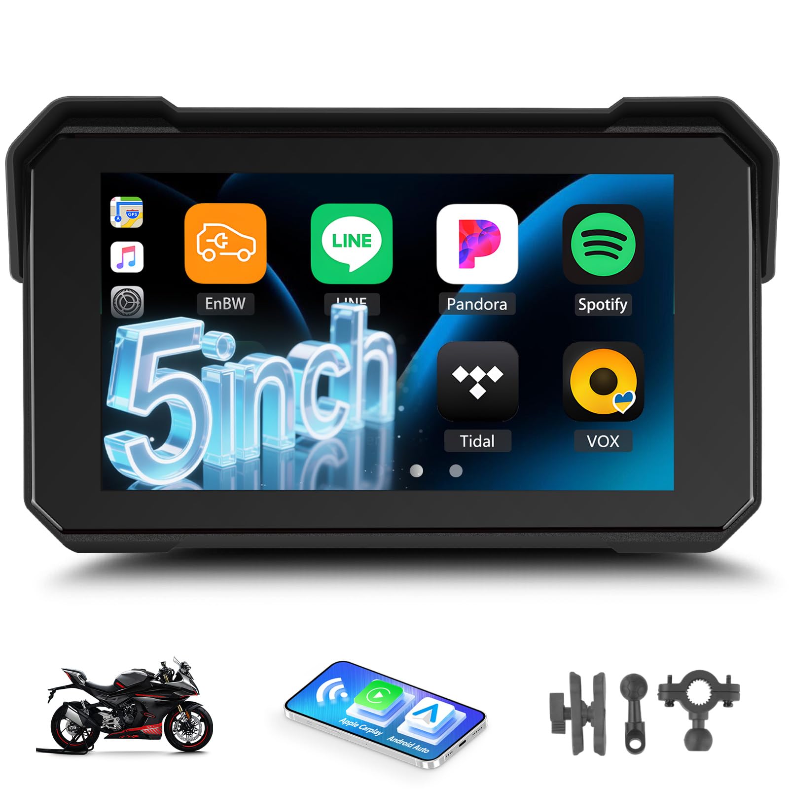 Écran GPS Carplay pour Moto, écran Carplay Android Auto sans Fil, Moto Android Auto Portable 5 Pouces Tactile étanche avec TF Bluetooth Navigation Siri