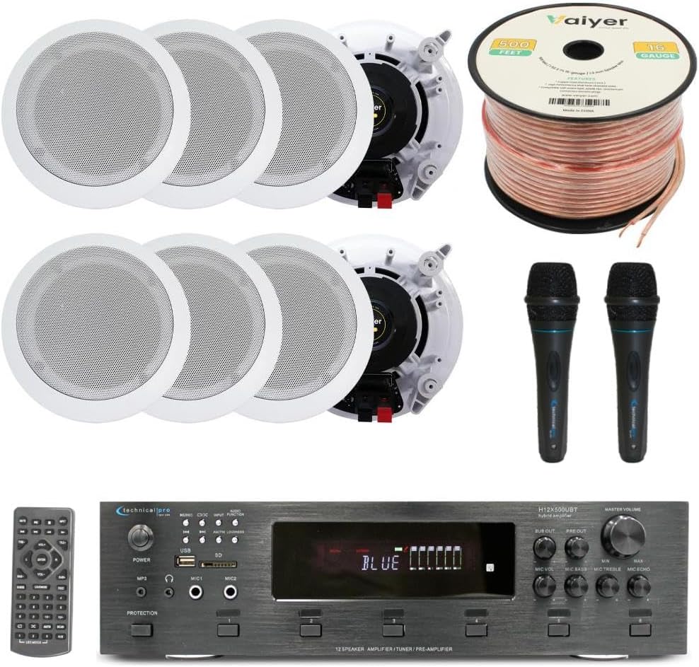Home Stereo System Kit - 6 Channel 6000 W Bluetooth Amplifier w/ 8 Qty of 6.5" in-Wall in-Ceiling Speakers 200W Each, 2 Qty of Wired Mic, 500 ft Speaker Wire & Remote by Technical Pro