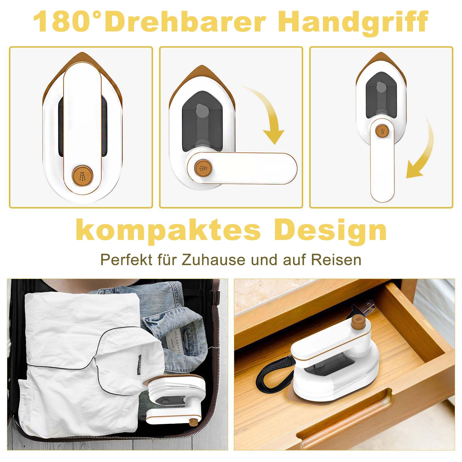 Mini Handbügeleisen, 2 in 1 180°Schwenkbar Faltbares Tragbarer Reisebügeleisen für Bekleidung, Steamer Dampfglätter für Familie, Reise, Hotel, RV, Dienstreise Machen, College, White