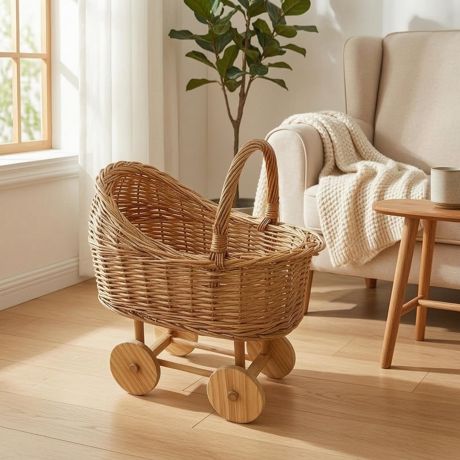 Infant Basket Cart Carrello Cestino Carrozzina con Manico Curvo Ruote Rotonde E Look per Neonati E Adatto a Cameretta Servizi Fotografici Decorazione Domestica, Grande