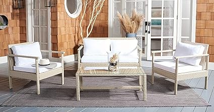 OVIOS 4 Pieces Patio Furniture Set, Outdoor Sectional Sofa Wicker Conversation Set Outside Furniture with Glass Table and Cushions for Porch Lawn Garden Backyard, Beige and White Cushion